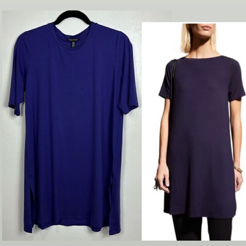 Eileen Fisher Purple Jersey Knit Short Sleeve Side Slits Tunic Top Size M